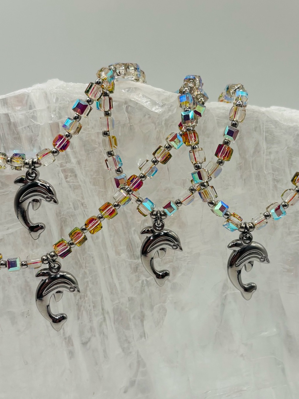 *ANKLET* S. Steel Silver Dolphin with AB Sunset Colors Crystal Stretchy Anklet